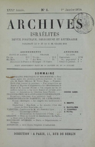 Archives israélites de France. Vol.31 N°01 (01 janv. 1870)